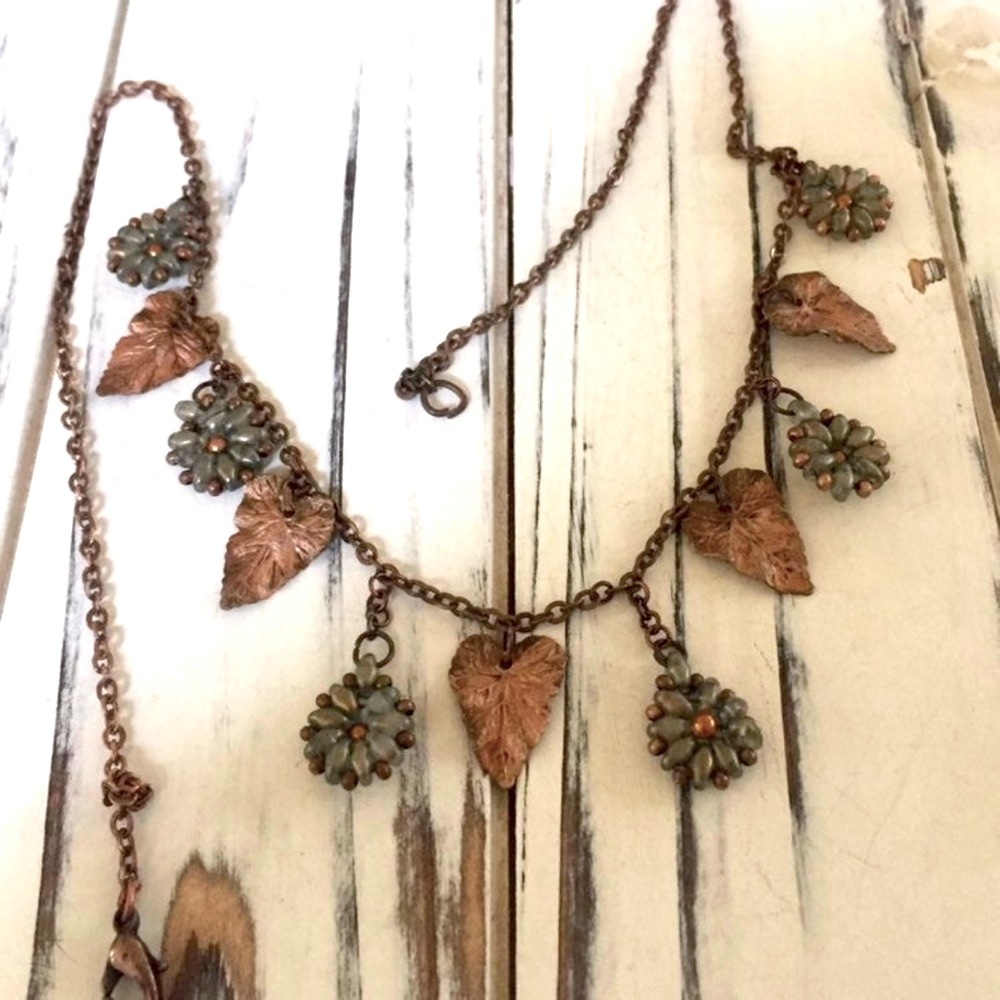 Copper leaf and beaded flower necklace